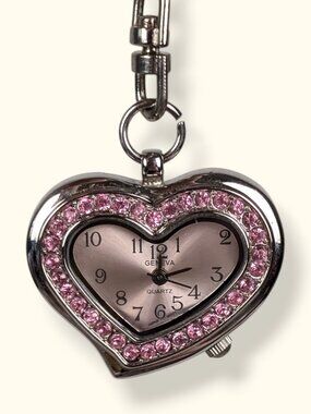 Geneva Pink Rhinestone Heart Keychain Watch (Functional, New Battery)